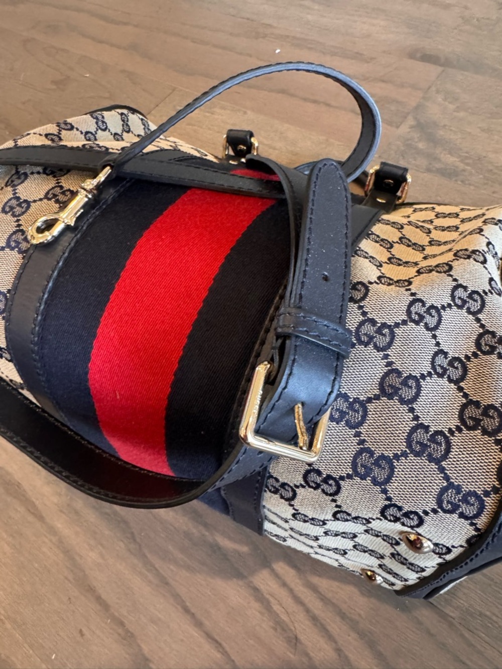 Gucci Beige GG Canvas Boston Bag with Navy and Red Stripe - Picture 8 of 11